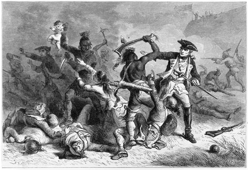An engraving is shown depicting men in military uniforms armed with guns and swords attacking Native Americans armed with tomahawks.