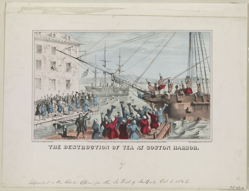 A painting depicts Native Americans throwing boxes overboard from a sailing vessel in a harbor as people on a dock watch, arms raised over their heads.