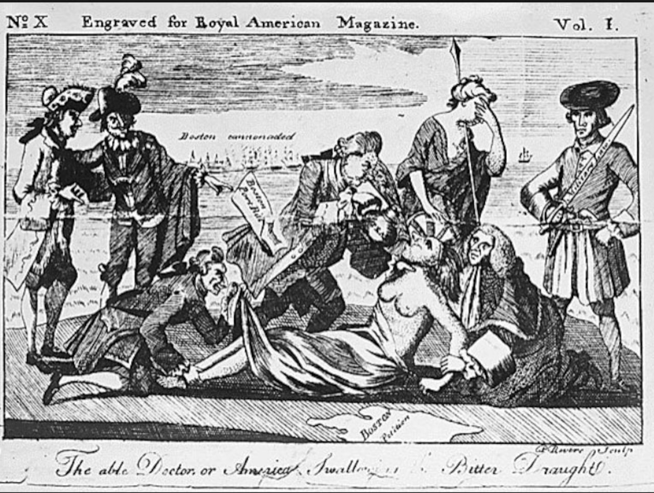 A woman sits on the ground with her breasts exposed while another woman standing over her covers her face with her left hand. Two men in colonial attire hold the woman down as another man in similar attire pours alcohol in her mouth. Three other men in similar attire stand watching.