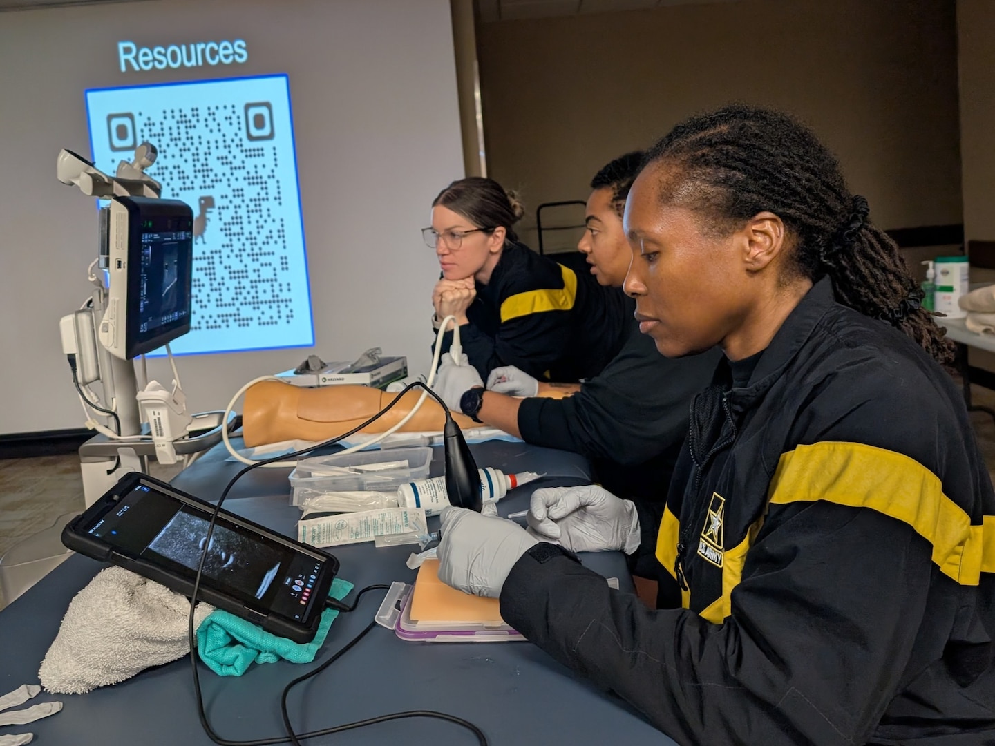 Attendees participating in Expeditionary Point of Care Ultrasound training at Carl R. Darnall Army Medical Center practice using ultrasound to assess acute injuries and chronic musculoskeletal conditions, helping build a clinically proficient, ready medical force.