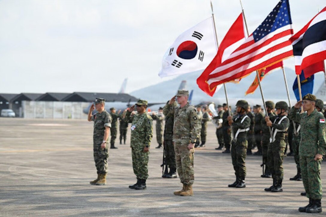 Military leaders from participating nations render a salute at the opening ceremony of Exercise Cobra Gold 2026 in Rayong Province, Thailand, Feb. 24, 2026.