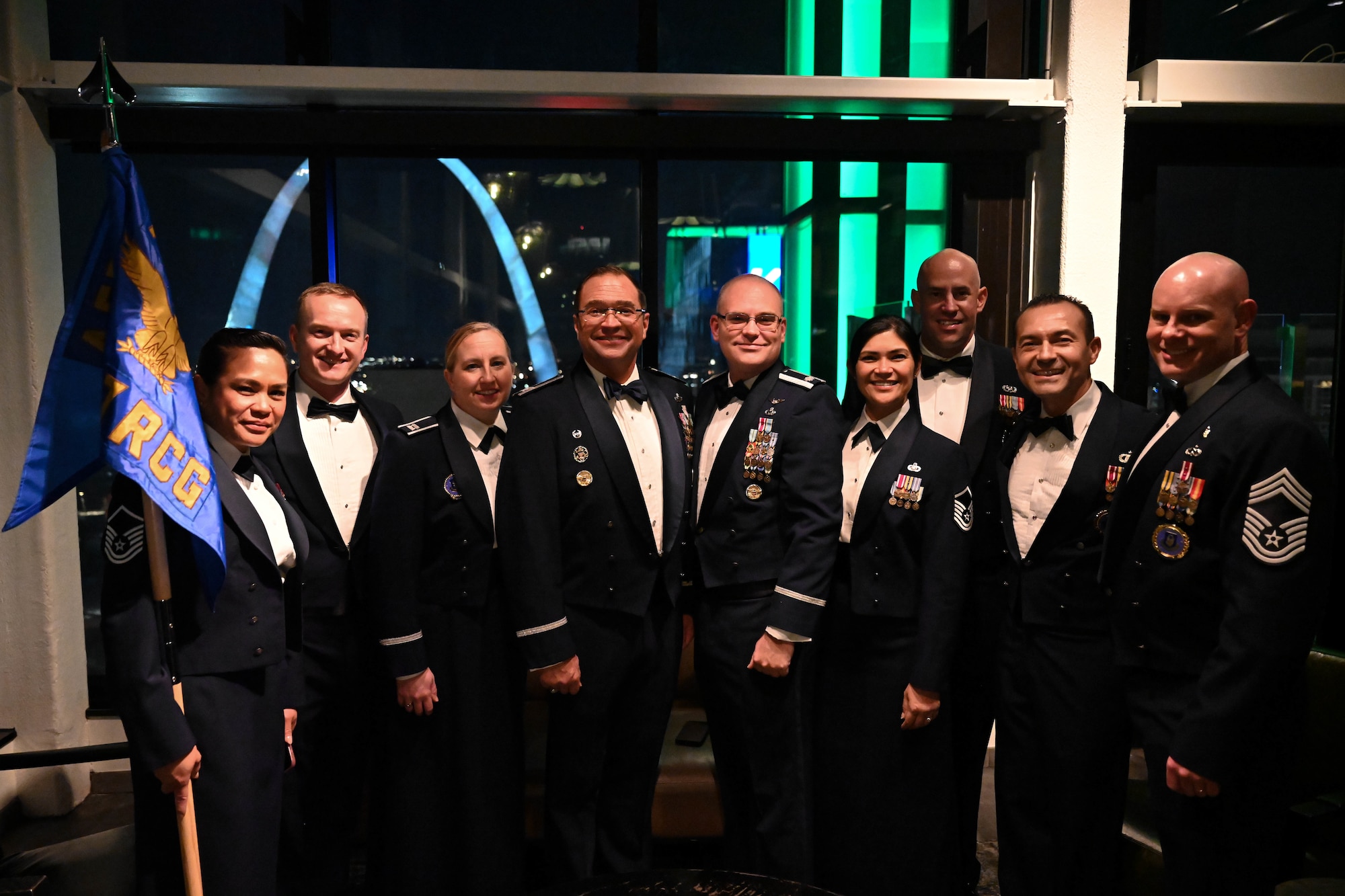(From left) Master Sgt. Anna Parris, Noncommissioned Officer in Charge of Medical Standards, 367th Recruiting Group, Robins Air Force Base, Georgia, 1st Sgt. Benjamin Weiland, 367 RCG,  Capt. Tamara Frederici, 367 RCG Executive Officer, Col. Sean “Metro” Fellows, 367 RCG commander, Lt. Col. Jon Quinlan, 367 RCG deputy commander, Master Sgt. Kris Caldwell, 367 RCG NCOIC of plans and programs, Chief Master Sgt. Derek Hudson, 367 RCG Senior Enlisted Leader, Chief Master Sgt. Jose Escorza, 367 RCG chief of training, and Chief Master Sgt. George Wyatt, 367 RCG operations superintendent pose in front of the St. Louis Arch during the Recruiting Training Event, Jan 29, 2026, in St. Louis, Missouri. The RTE held Jan 25-30, 2026, trained over 500 AFR recruiters, and celebrated recruiting accomplishments over FY25 after exceeding the AFR recruiting goal of 7,600 for a second consecutive year. (U.S. Air Force photo by Tech. Sgt. Della Creech)