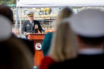 260217-N-DO408-1215 NAVAL BASE POINT LOMA, Calif. (Feb. 17, 2026) Cmdr. Chad Tella, off-going commanding officer, Los Angeles-class fast-attack submarine USS Greeneville (SSN 772), delivers remarks during the change of command ceremony for Greeneville onboard Naval Base Point Loma, Feb. 17, 2026.  During the ceremony, Tella was relieved by Cmdr. Spencer Ovren as commanding officer of Greeneville. Greeneville is assigned to Commander, Submarine Squadron 11, home to four Los Angeles-class fast-attack submarines, which are capable of supporting various missions, including anti-submarine warfare, anti-ship warfare, strike warfare and intelligence, surveillance and reconnaissance. (U.S. Navy photo by Mass Communication Specialist 2nd Class Rashan Jefferson)