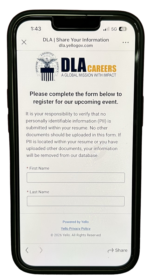 Photo is of a smartphone depicting a DLA event registration form.