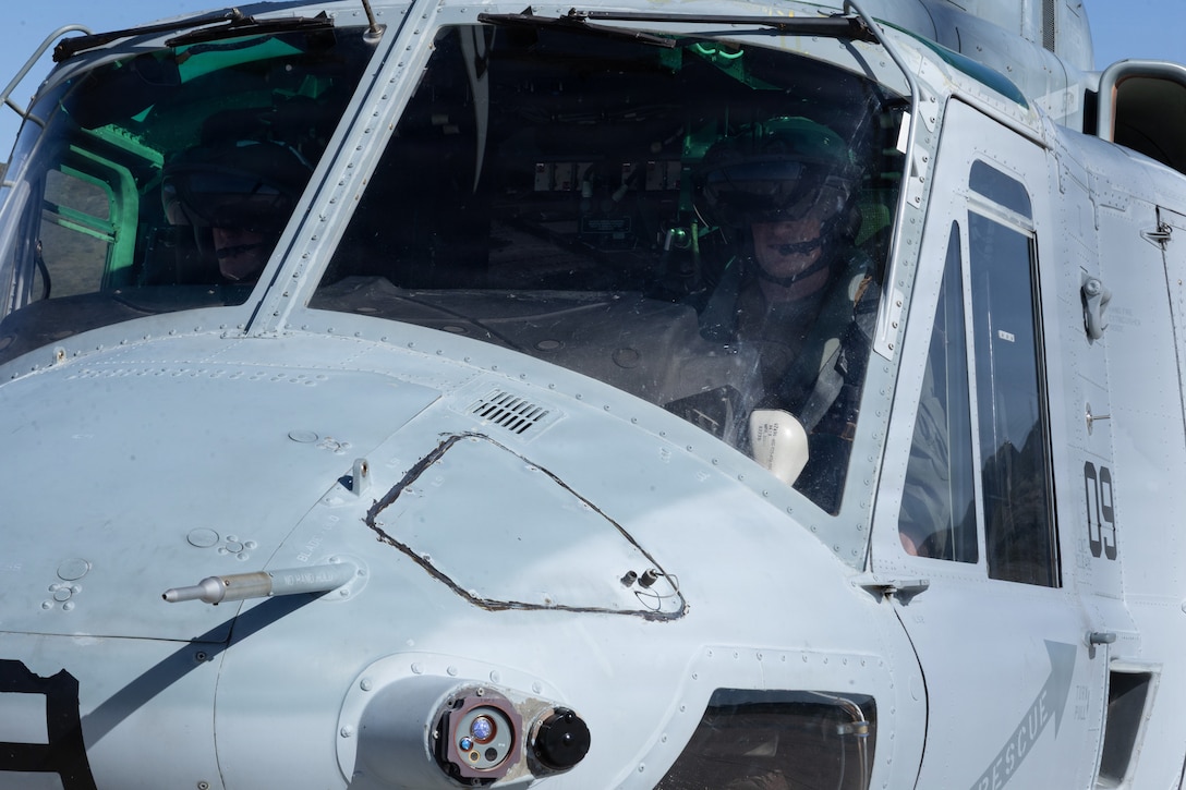 U.S. Marine Corps Brig. Gen. Patrick Tiernan, commanding general, 4th Marine Aircraft Wing, performs a landing maneuver while operating an UH-1Y Venom utility helicopter with Marine Light Attack Helicopter Squadron (HMLA) 775, Marine Aircraft Group 41, 4th Marine Aircraft Wing at Marine Corps Air Station, Camp Pendleton, California, Jan. 29, 2026. During this period, Marines with HMLA-775 showcased tactical proficiency and lethality of the UH-1Y to the commanding general. (U.S. Marine Corps photo by Lance Cpl. Allan Rodriguez-Rivera)