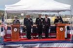 NAVAL BASE POINT LOMA, Calif. (Feb. 17, 2026) Capt. Phillip Sylvia, left, commander, Submarine Squadron 11, stands with Cmdr. Chad Tella, off-going commanding officer, Los Angeles-class fast-attack submarine USS Greeneville (SSN 772), during the change of command ceremony for Greeneville onboard Naval Base Point Loma, Feb. 17, 2026. During the ceremony, Tella was relieved by Cmdr. Spencer Ovren as commanding officer of Greeneville. Greeneville is assigned to Commander, Submarine Squadron 11, home to four Los Angeles-class fast-attack submarines, which are capable of supporting various missions, including anti-submarine warfare, anti-ship warfare, strike warfare and intelligence, surveillance and reconnaissance. (U.S. Navy photo by Mass Communication Specialist 1st Class Tiarra Brown)