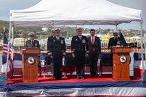 NAVAL BASE POINT LOMA, Calif. (Feb. 17, 2026) Capt. Phillip Sylvia, left, commander, Submarine Squadron 11, stands with Cmdr. Chad Tella, off-going commanding officer, Los Angeles-class fast-attack submarine USS Greeneville (SSN 772), during the change of command ceremony for Greeneville onboard Naval Base Point Loma, Feb. 17, 2026. During the ceremony, Tella was relieved by Cmdr. Spencer Ovren as commanding officer of Greeneville. Greeneville is assigned to Commander, Submarine Squadron 11, home to four Los Angeles-class fast-attack submarines, which are capable of supporting various missions, including anti-submarine warfare, anti-ship warfare, strike warfare and intelligence, surveillance and reconnaissance. (U.S. Navy photo by Mass Communication Specialist 1st Class Tiarra Brown)
