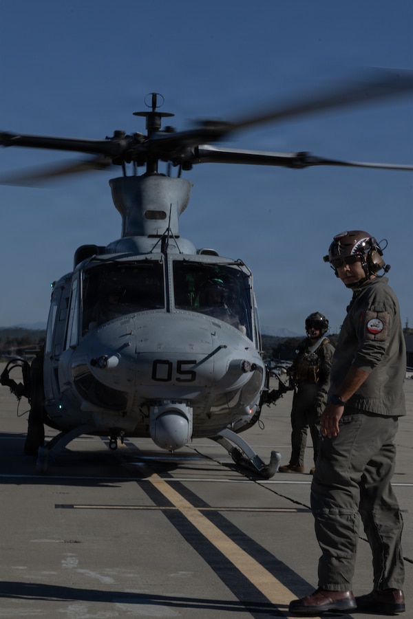 U.S. Marines with Marine Light Attack Helicopter Squadron (HMLA) 775, Marine Aircraft Group 41, 4th Marine Aircraft Wing, prepare for takeoff on the flightline at Marine Corps Air Station, Camp Pendleton, California, Jan. 29, 2026. During this period, Marines with HMLA-775 showcase tactical proficiency and lethality of the UH-1Y to the commanding general. (U.S. Marine Corps photo by Lance Cpl. Allan Rodriguez-Rivera)