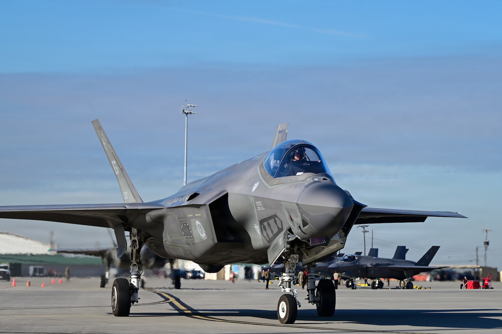 A U.S. Air Force F-35 Lightning II pilot assigned to the 33rd Fighter Wing, Eglin Air Force Base, Florida, taxis on the flight line of the Georgia Combat Readiness Training Center (CRTC) during exercise Sentry South 26.1 at the Savannah Air National Guard Base, Georgia, Jan. 23, 2026. Sentry South 26.1 in Savannah is an Air National Guard-led counterair exercise held at the Georgia CRTC, also known as the Air Dominance Center, that trains hundreds of participants annually in offensive and defensive counterair missions with 4th- and 5th-generation aircraft to enhance combat readiness and joint integration. (U.S. Air National Guard photo by Staff Sgt. Victoria Coursey)