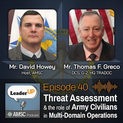 Leader Up podcast Episode 40 ‘Threat Assessment and the Role of Army Civilians in Multi-Domain Operations’ graphic with Army-themed design elements and podcast app icons.