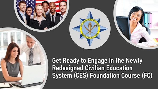 Redesigned CES Foundation Course (FC) graphic with Army-themed design elements, the AMSC emblem, and learning platform icons.