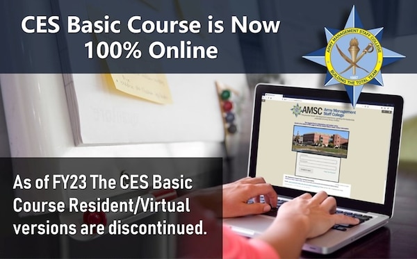CES Basic Course 100% online graphic with Army-themed design elements, the AMSC emblem, and online learning icons.