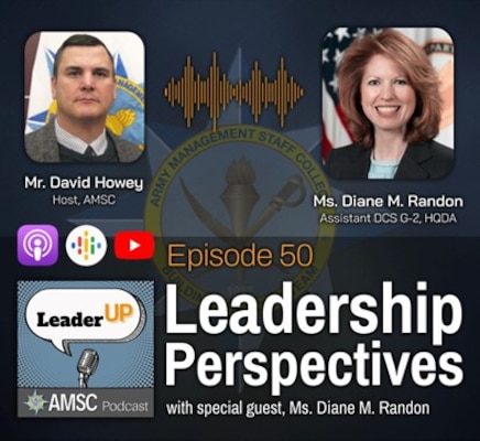 Leader Up podcast Episode 50 ‘Leadership Perspectives’ graphic with Army-themed design elements, the AMSC emblem, and podcast app icons.