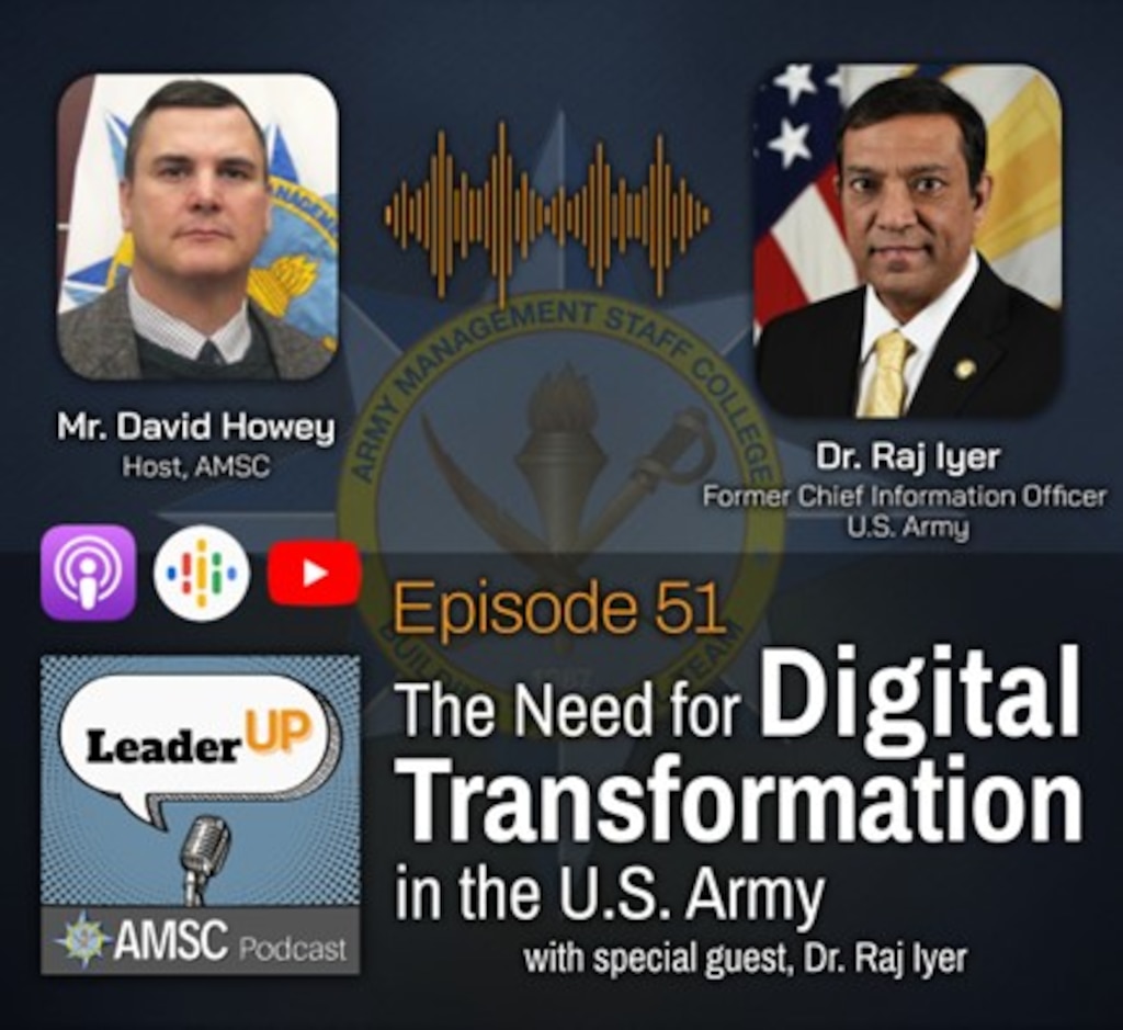 AMSC Leader Up Podcast Episode 51 graphic titled “The Need for Digital Transformation in the U.S. Army,” featuring Army-themed design elements, digital network imagery, and podcast platform icons.