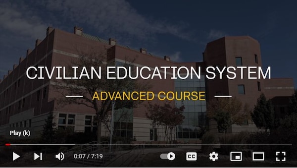 Computer screen displaying a video about the Civilian Education System Advanced Course used in Army Management Staff College training.