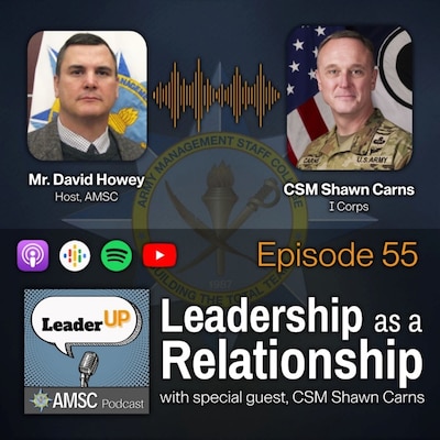 Promotional graphic for the AMSC “Leader UP” podcast, Episode 55, titled “Leadership as a Relationship,” featuring host Mr. David Howey and guest CSM Shawn Carns, with podcast platform icons and Army Management Staff College branding.