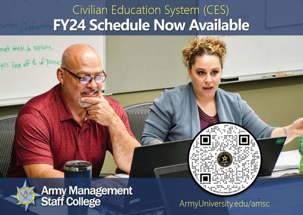 Two adult students work on laptops in a Civilian Education System class, with text announcing the FY24 schedule and a QR code for the Army Management Staff College.