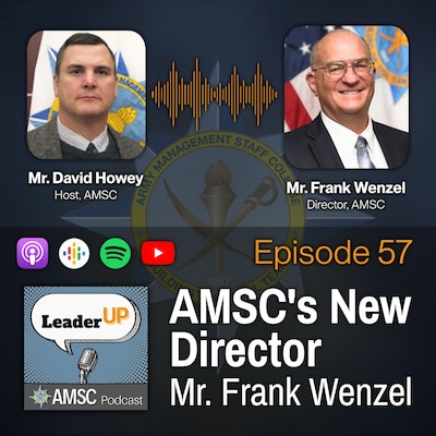 Leader Up podcast Episode 57 ‘AMSC’s New Director – Mr. Frank Wenzel’ graphic with photos of host David Howey and AMSC Director Frank Wenzel over the AMSC emblem and podcast app icons.