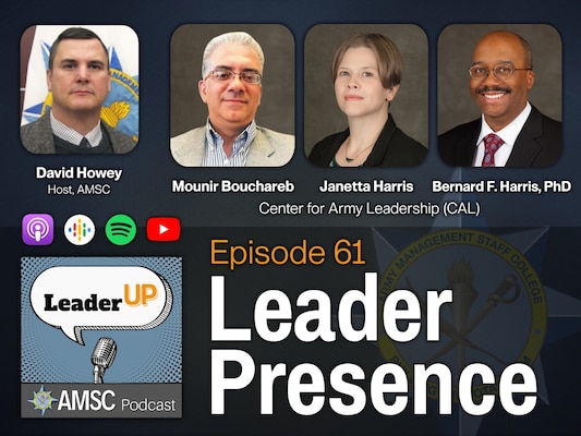 Leader Up podcast Episode 61 ‘Leader Presence’ graphic with photos of host David Howey and three Center for Army Leadership guests over the AMSC emblem and podcast app icons.