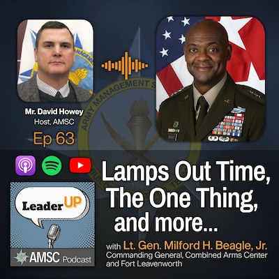 Leader Up podcast Episode 63 ‘Lamps Out Time, The One Thing, and more’ graphic with photos of host David Howey and Lt. Gen. Milford H. Beagle Jr. over the AMSC emblem and podcast app icons.