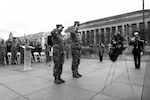 U.S. Army Brig. Gen. Carrie Perez, left, director of Army personnel management at the National Guard Bureau, and French army Lt. Gen. Frédéric Gout, head of the French army’s personnel branch, salute during a wreath presentation at the World War I Memorial at Pershing Park in Washington during a ceremony marking the longstanding alliance between the two countries, Feb. 24, 2026. The wreath presentation recognized service members’ sacrifices for both countries and specifically honored Ferdinand Capdevielle and Kiffen Rockwell – two Americans killed in World War I while serving with French forces. Photo by Sgt. 1st Class Jon Soucy.