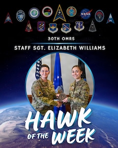Graphic shows U.S. Air Force Col. Amy Horton, left, Space Launch Delta 30 commander's individual mobilization augmentee, presents Vandenberg’s Hawk of the Week Award to Staff Sgt. Elizabeth Williams, right, 30th Operational Medical Readiness Squadron flight chief, during a weekly installation leadership meeting