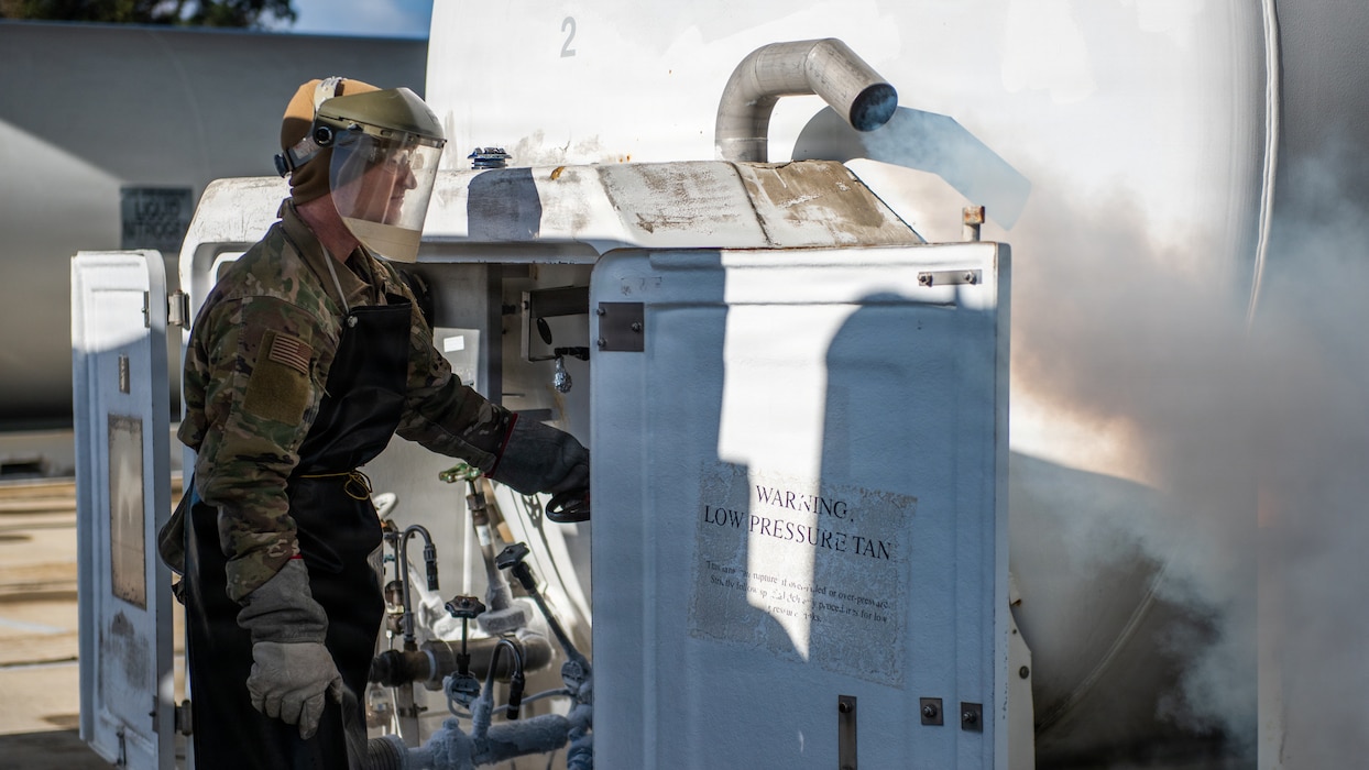 Airman performs a controlled bleed-off of liquid nitrogen