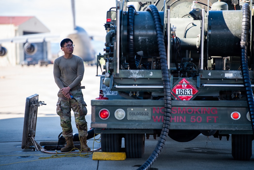 Airman stands by during fueling operations