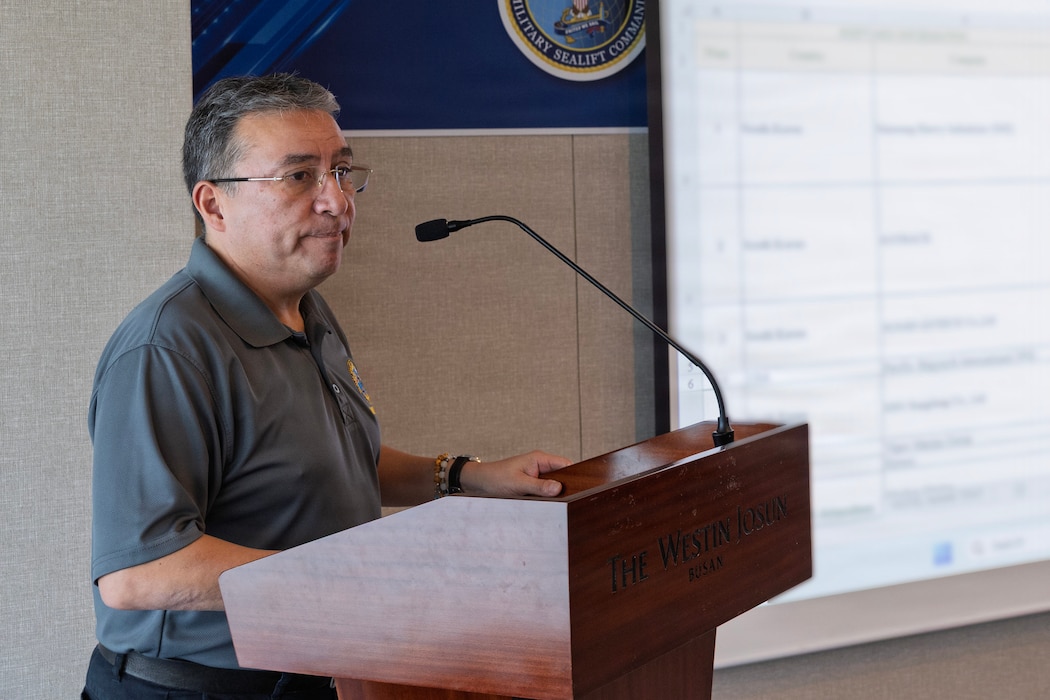 U.S. Navy Capt. David L. Reyes, commodore, Military Sealift Command (MSC) Far East, gives opening remarks during Industry Day, at a hotel conference room in Busan, Feb. 10, 2026.
