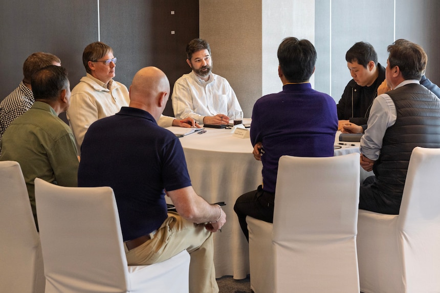 Representatives from Military Sealift Command (MSC) speak with representatives from South Korea’s shipping industry during Industry Day, at a hotel conference room in Busan, Feb. 10, 2026.