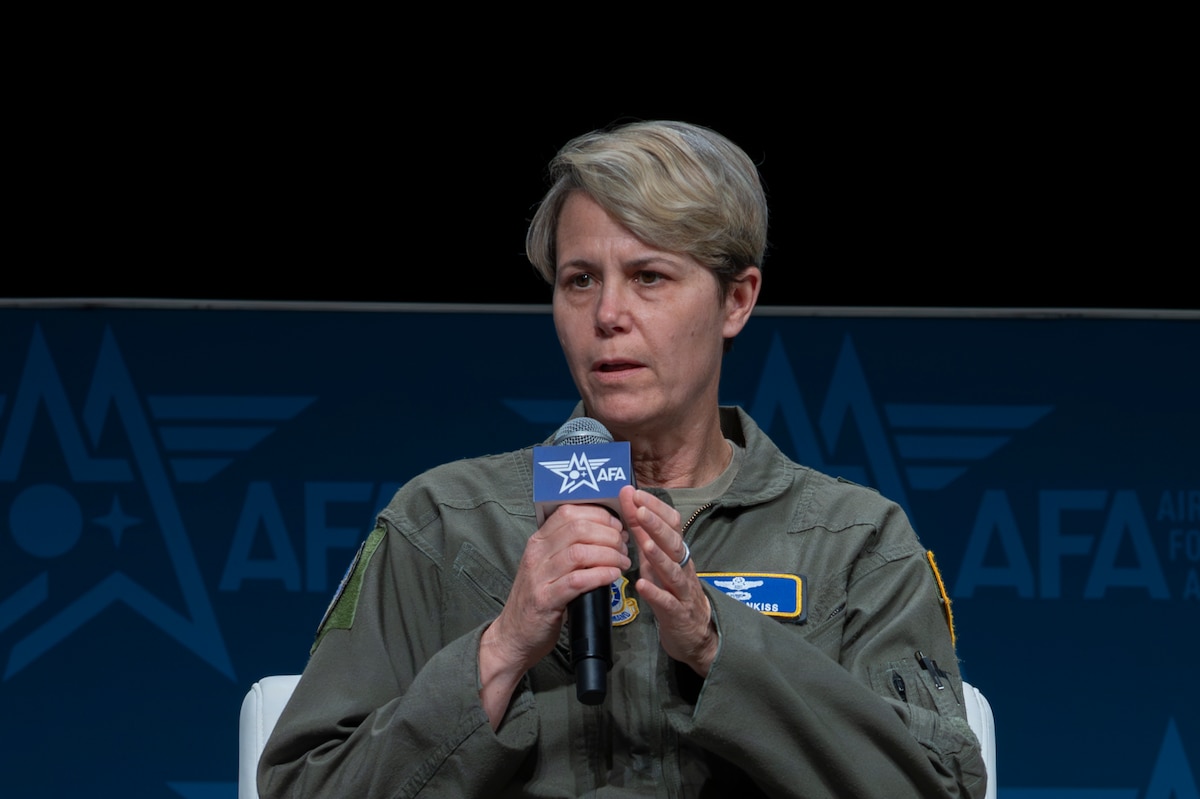 U.S. Air Force Lt. Gen. Rebecca Sonkiss, interim commander of Air Mobility Command, addresses attendees on the state of mobility readiness at the 2026 Air & Space Forces Association Warfare Symposium in Aurora, Colorado, Feb. 24, 2026. Sonkiss focused discussion on fixing the aircraft we currently have in service as we advance Next Generation Airlift, replacing aging strategic airlift platforms. (U.S. Air Force photo by Capt. Christian Little)