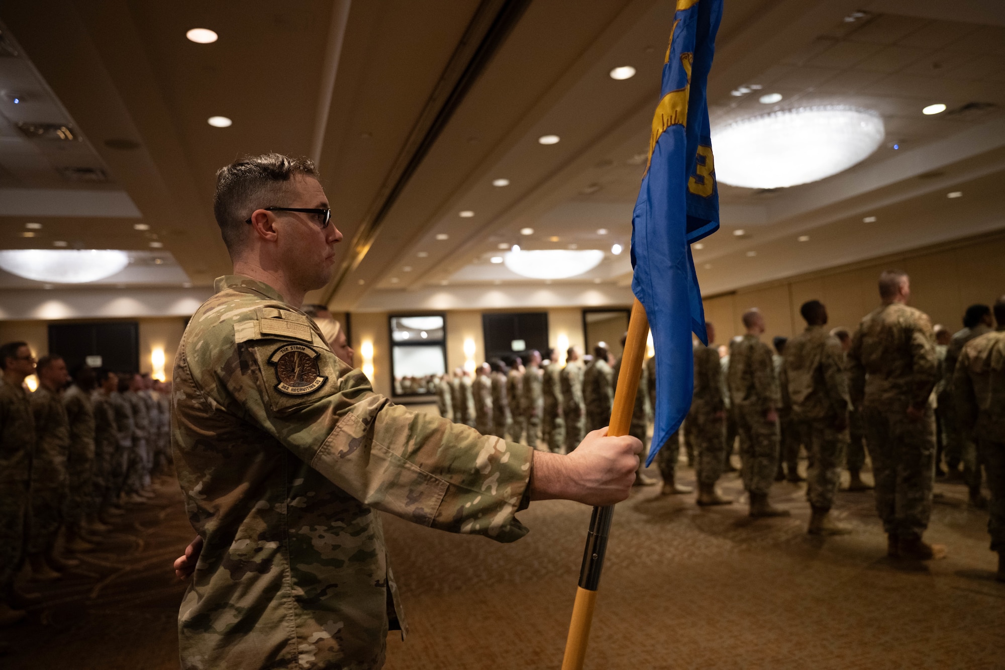 Air Force Reserve recruiters from the 352d Recruiting Squadron, Naval Air Station, Joint Reserve Base, Fort Worth, Texas, perform open ranks inspections during the Recruiting Training Event Jan 28, 2026, in St. Louis, Missouri. The RTE held Jan 25-30, 2026, trained AFR recruiters and celebrated recruiting accomplishments over FY25 after exceeding the AFR recruiting goal of 7,600 for a second consecutive year while training and collaborating best practices in global Department of War recruiting. (U.S. Air Force photo by Tech. Sgt. Della Creech)