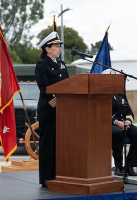 Navy Capt. Cheri Smiley, incoming commanding officer of Expeditionary Medical Facility 150 Alpha, provides comments during the EMF 150 Alpha change of command ceremony aboard Naval Hospital Camp Pendleton on Feb. 20, 2026. Prior to the change of command, Smiley served as the executive officer of EMF 150 Alpha, and she assumed command from outgoing commanding officer Capt. Kenneth Basford. “I’m so honored to have served with you the last 18 months and so proud of all your accomplishments to include a successful Operational Readiness Evaluation and the numerous accolades you have earned. I am honored for the privilege to continue to serve alongside you and NMRTC Camp Pendleton and look forward to meeting our common goals,” she said during her remarks.