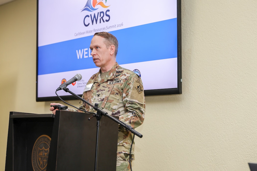 Col. Charles Decker, commander of the Army Corps of Engineers Caribbean District, delivers opening remarks at the first Caribbean Water Resources Summit on Feb. 20, 2026, at Interamerican University’s Metro Campus in San Juan, Puerto Rico.