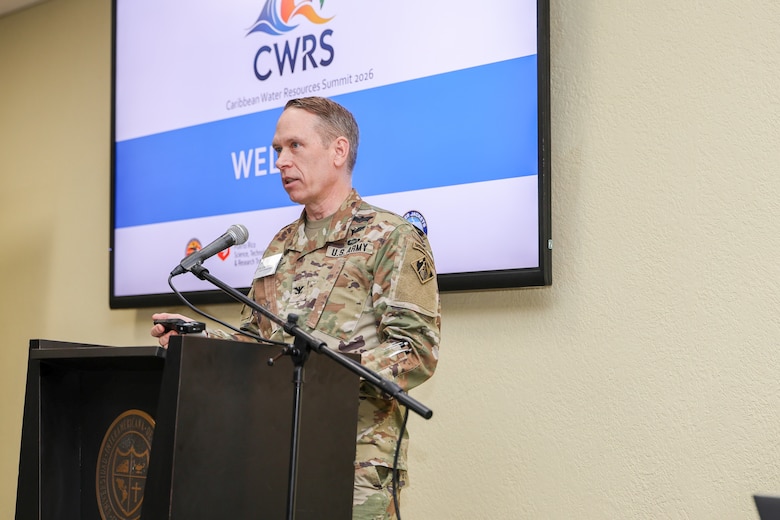 Col. Charles Decker, commander of the Army Corps of Engineers Caribbean District, delivers opening remarks at the first Caribbean Water Resources Summit on Feb. 20, 2026, at Interamerican University’s Metro Campus in San Juan, Puerto Rico.