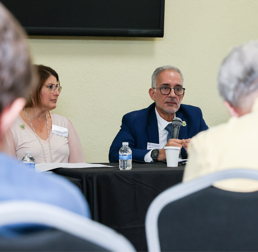 Mary Carmen Zapata, executive director of the Puerto Rico Electric Power Authority (PREPA), and Hector Morales, president of the Puerto Rico Planning Board discuss how water intersects with land use, energy reliability, environmental protection, and emergency management during the Caribbean Water Resources Summit’s first panel session. The summit, held Feb. 20, 2026, in San Juan, Puerto Rico, brought together more than 130 participants from federal agencies, territorial partners, universities, and nonprofit organizations to share data, align priorities, and advance collaborative solutions for the region’s water future.