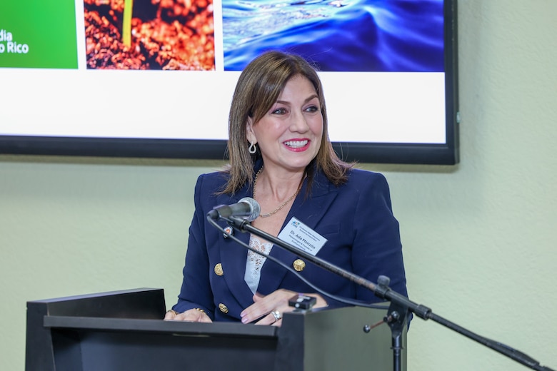 Meteorologist Ada Monzón delivers her presentation, “Water Challenges in Puerto Rico,” during the Caribbean Water Resources Summit, outlining the island’s climate vulnerabilities, the need for high resolution weather data, and the role of the proposed Mesonet in strengthening forecasting and water management. Speaking to more than 130 participants gathered on Feb. 20, 2026, in San Juan, Puerto Rico.