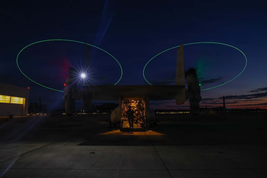 An MV-22B Osprey with Marine Medium Tiltrotor Squadron (VMM) 365 (Reinforced), 24th Marine Expeditionary Unit, prepares for flight operations during the MEU’s certification exercise at Marine Corps Air Station New River, North Carolina, Feb. 23, 2026. CERTEX is a land-based pre-deployment exercise that enhances the integration and collective capability of the Marine Air-Ground Task Force while providing the 24th MEU with an opportunity to train and execute operations in austere and urban environments. (U.S. Marine Corps photo by Lance Cpl. Allison White)