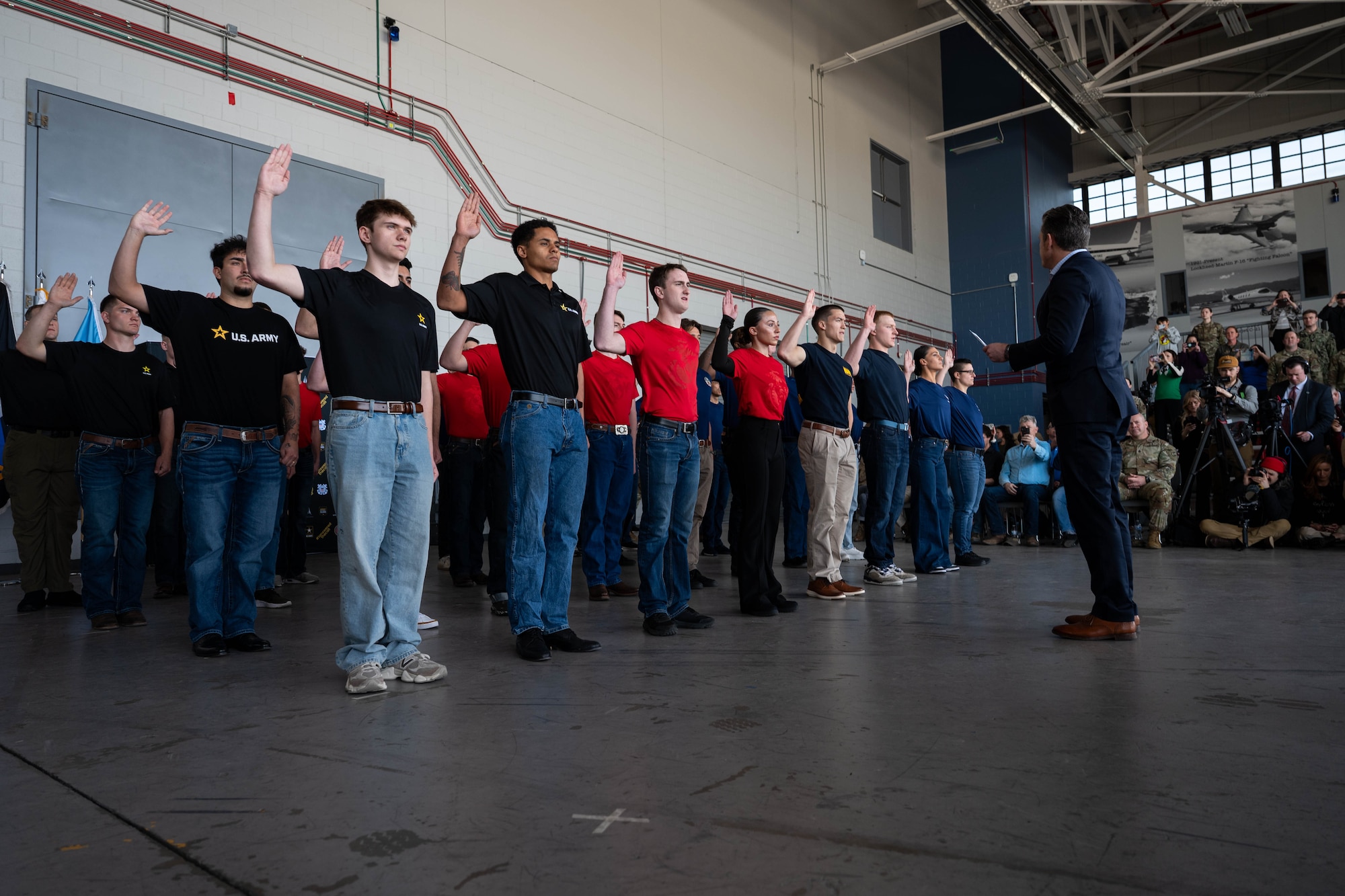 Secretary of War Pete Hegseth administers the oath of enlistment to recruits at Buckley Space Force Base, Colo., Feb. 23, 2026. (DoW photo by U.S. Air Force Staff Sgt. Madelyn Keech)