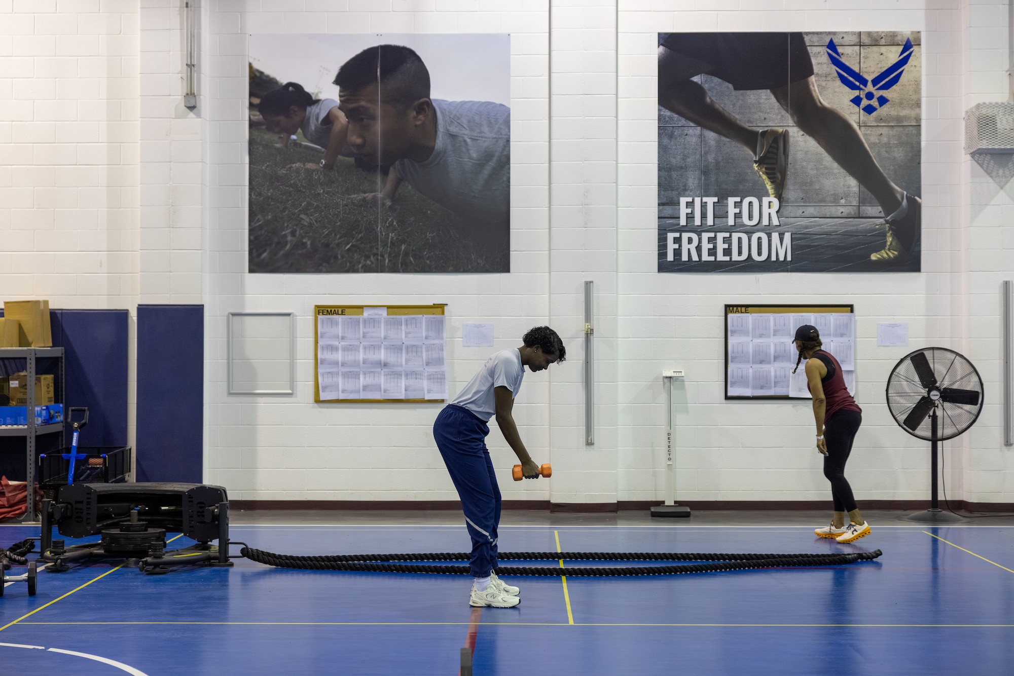 Women work out in gym.