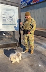 U.S. Army Staff Sgt. Cesar Serrano, Georgia National Guard, cares for a lost dog at the Anacostia Metro Station in Washington, D.C., Feb. 9, 2026, before it was safely returned to its owner. Approximately 2,700 National Guard members are supporting the mission, providing critical assistance to the Metropolitan Police Department to help ensure the safety of residents, commuters and visitors throughout the District. (U.S. Army National Guard photo by 1st Lt. David Okonofua)