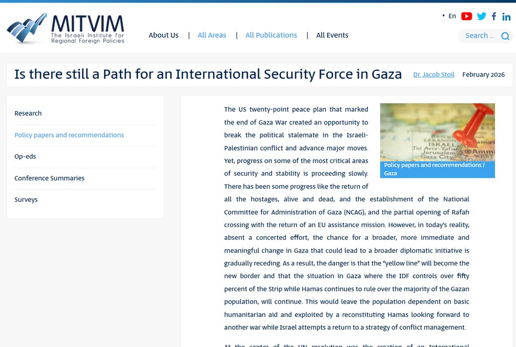 MITVIM article - Is there still a Path for an International Security Force in Gaza
