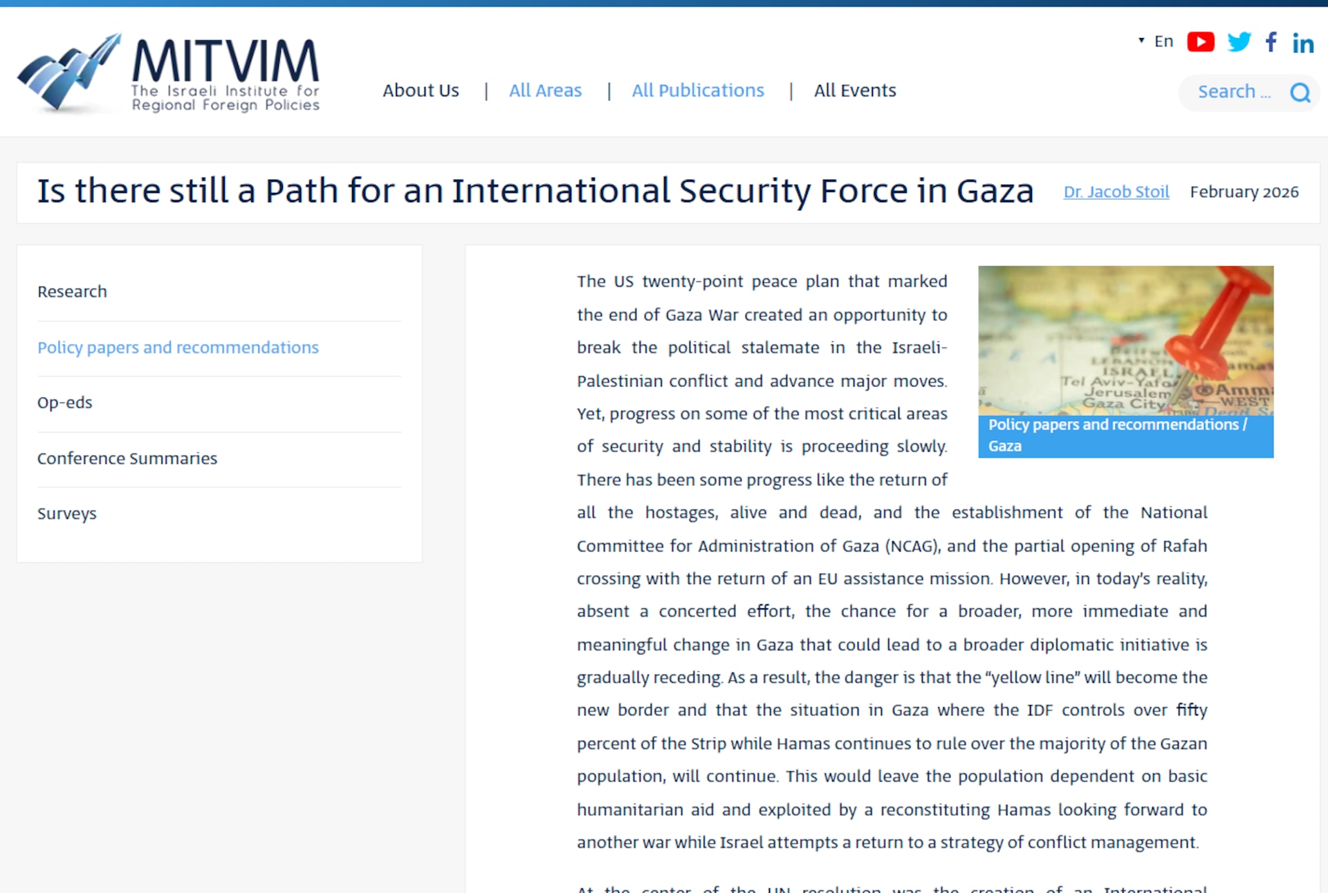 MITVIM article - Is there still a Path for an International Security Force in Gaza