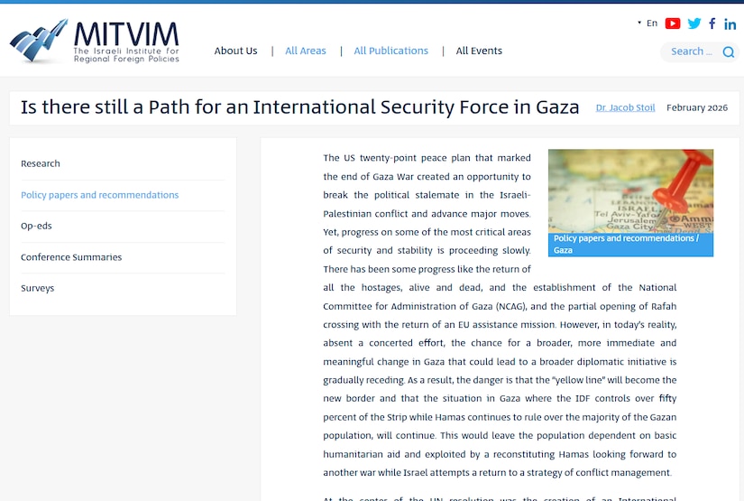 MITVIM article - Is there still a Path for an International Security Force in Gaza