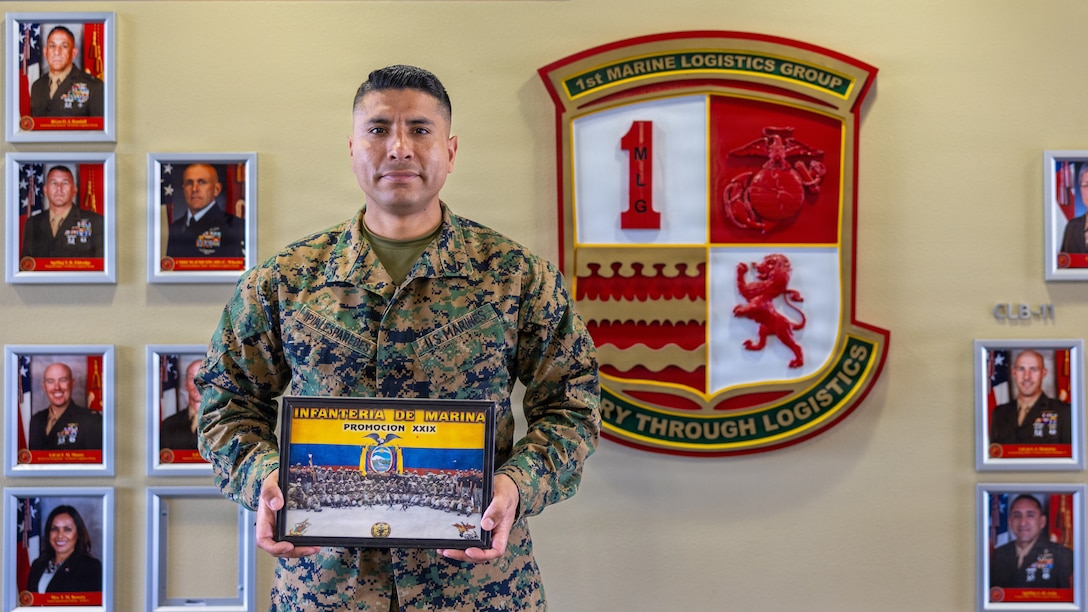 U.S. Marine Corps Lance Cpl. Juan Ipialesparedes, an administrative specialist with Headquarters and Service Battalion, 1st Marine Logistics Group, poses for a photo on Marine Corps Base Camp Pendleton, California, Jan. 6, 2026. Ipialesparedes, a native of Quito, Ecuador, previously served 11 years as a special operator in the Ecuadorian Marines before enlisting in the U.S. Marine Corps at the age of 33 and earning U.S. citizenship during recruit training. (U.S Marine Corps photo by Lance Cpl. Alan Gomez)