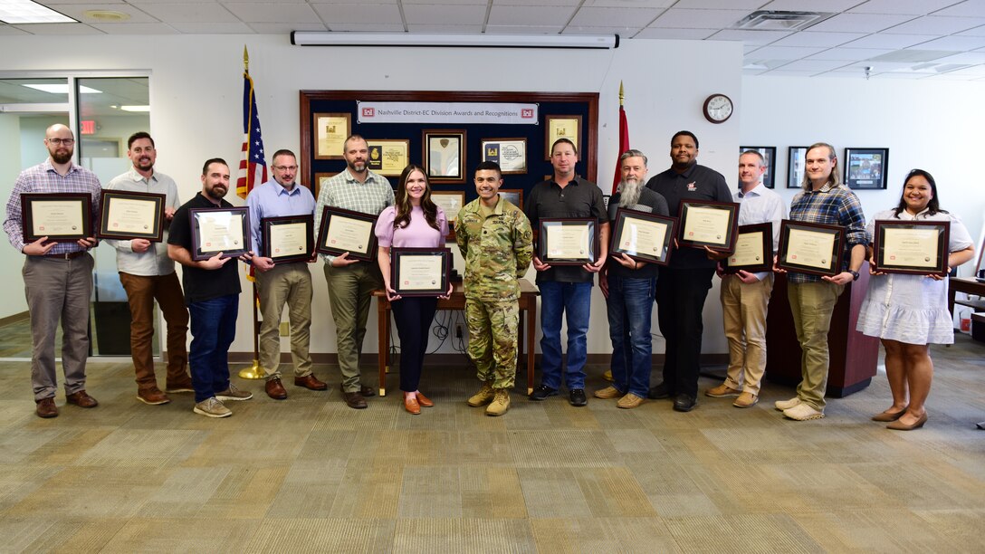 Graduates of the U.S. Army Corps of Engineers Nashville's 2026 Supervisor Training Program pose for a photo Feb. 25, 2026, with Lt. Col. Guillermo Guandique, Nashville District commander, at the district headquarters in Nashville, Tennessee. Designed and overseen by leadership, veteran supervisors and subject matter experts, this nine-month program reflects the district's continued investment in its people by developing leadership skills and enhancing operational effectiveness. (USACE Photo by Lee Roberts)