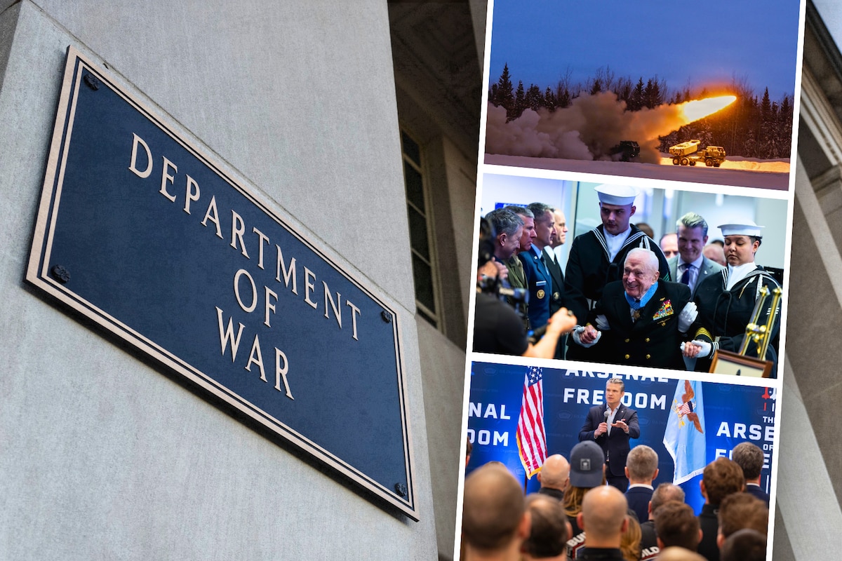 In a graphic, three photographs are stacked next to the Department of War sign on a building.
