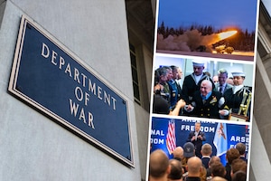 In a graphic, three photographs are stacked next to the Department of War sign on a building.