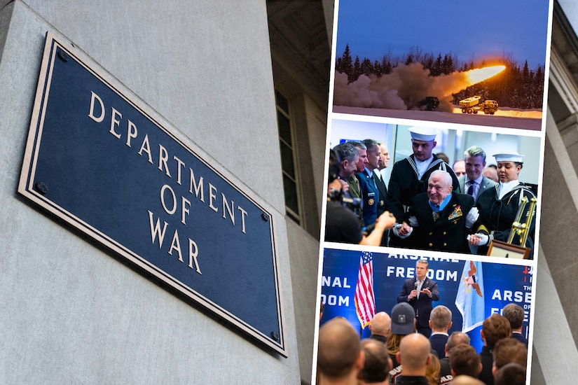 In a graphic, three photographs are stacked next to the Department of War sign on a building.