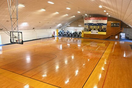 The main gym floor at Blue Mountain Sports Arena, pictured here on Feb. 26, 2026 is the facility's original floor and dates to 1942. (Pennsylvania National Guard photo by Brad Rhen)